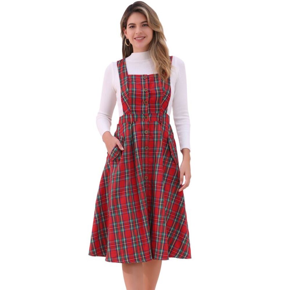 Plaid Overall Vintage Sleeveless A-Line Pinafore Dress Red Green